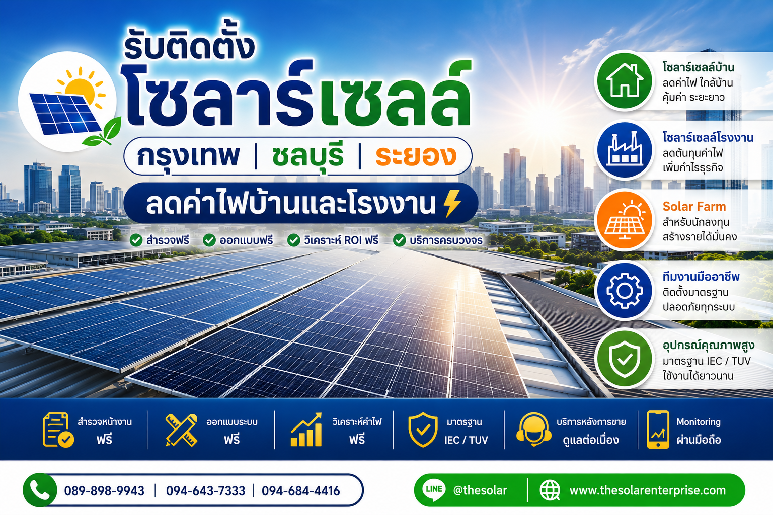 ประกาศ บริการ ชลบุรีระยอง ลดค่าไฟบ้านและโรงงาน ติดตั้งโซลาร์เซลล์ชลบุรีนิคมอุตสาหกรรม ลดค่าไฟบ้านและโรงงาน ลดค่าไฟจริงวิเคราะห์ROIฟรี